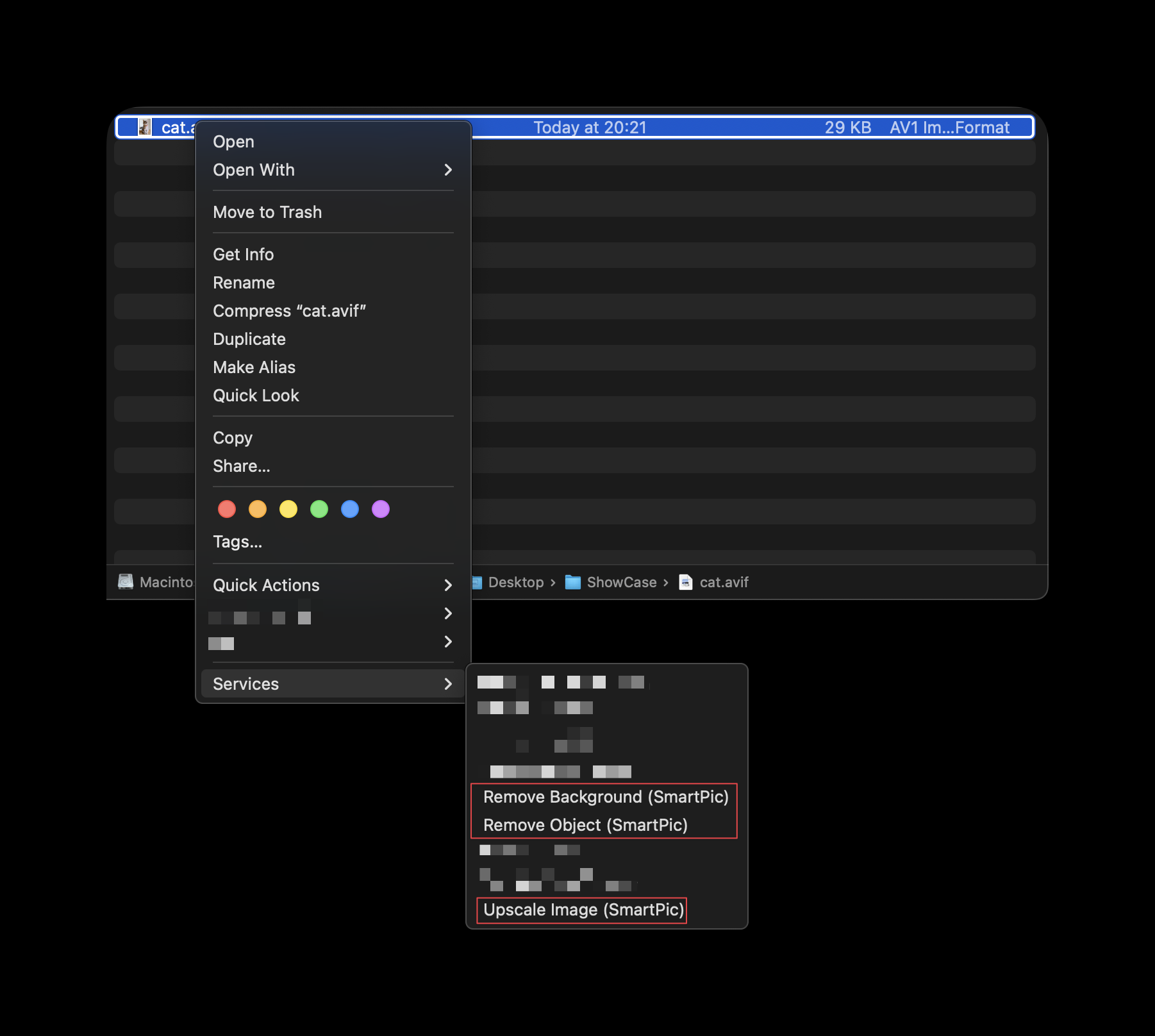SmartPic contextual menu in Finder